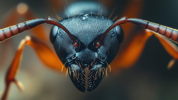 Macro shot of an ant's face showing intricate details of its head, antennae, and mandibles in sharp focus. Orange legs in the blurry background. photo