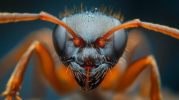 Extreme macro photo of an ant's face shows amazing detail of its features. The complex design of this tiny creature is revealed.