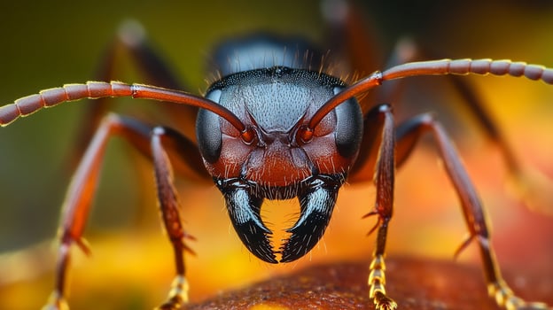 Detailed close-up shot of an ant, showcasing its exoskeleton, antennae, and mandibles with intricate details against a blurred backdrop. photo