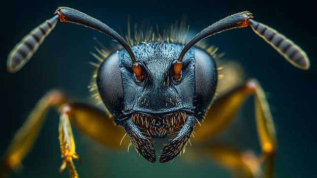 An ant stares intensely, head-on. Sharp mandibles frame a detailed face with segmented antennae against a blurred backdrop. photo