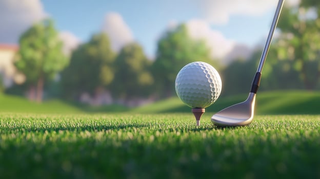 A golf ball sits on a tee next to a club, ready for a swing, with a lush green backdrop. The essence of a serene game of golf. photo