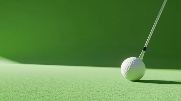Close-up of a golf ball on the green grass, poised for a shot. The club is positioned to strike the ball in a bright, minimalistic scene. photo