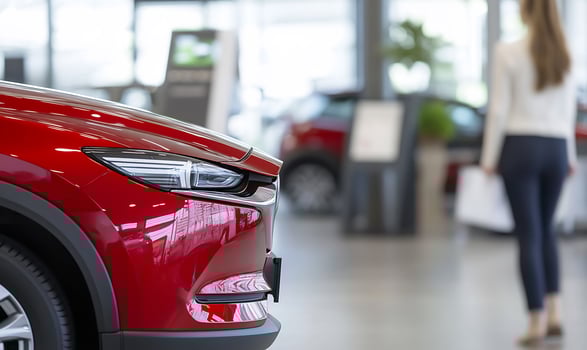 A woman is looking at a red car in a showroom photo