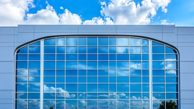 Skyscraper window reflects bright blue sky and fluffy clouds. Architecture blends the natural world with the urban landscape. photo