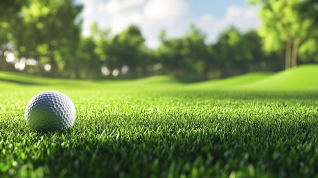 A golf ball rests perfectly on lush green grass, ready for the next swing, set against a picturesque golf course backdrop. photo