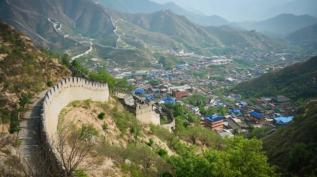 Panoramic vista of an ancient defensive wall winding through a mountainous landscape, overlooking a traditional village nestled in the valley. photo