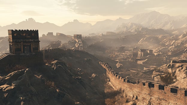 Vast panorama showcasing sections of an ancient wall winding across mountainous terrain beneath a hazy sky. Fortified structures stand guard. photo