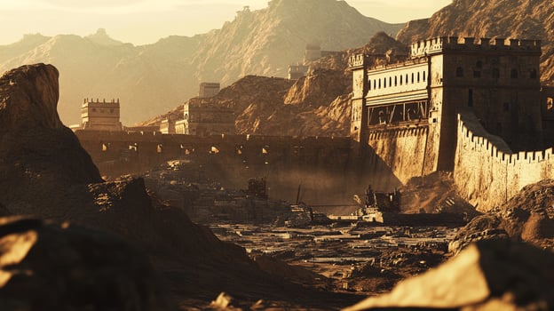 A grand, weathered fortress stands defiant against a backdrop of rugged mountains, bathed in the warm glow of sunlight, hinting at untold stories. photo