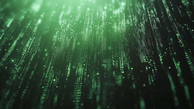 Abstract depiction of falling green lights, resembling digital rain or data streams. Perspective creates depth, suggesting advanced technology. photo