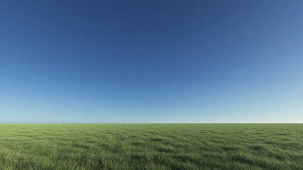 Expansive green field under a clear blue sky, offering a tranquil and open landscape view. Serene nature scene for backgrounds or imagery. photo