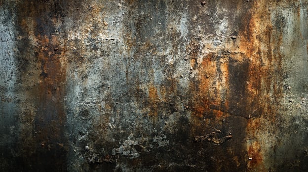 Heavily weathered wall with textured rust, grime, and decay providing a dramatic backdrop. Abstract patterns and corroded surfaces. photo