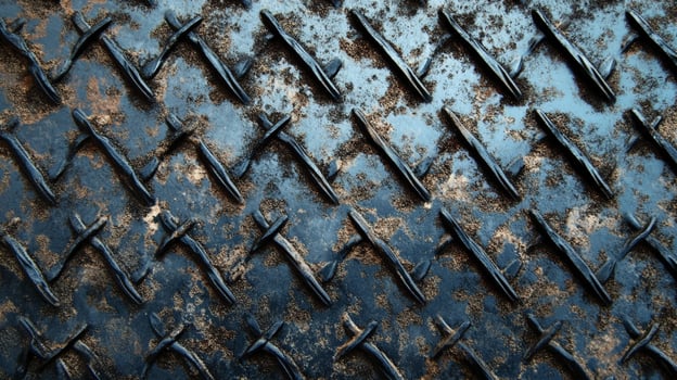 Close-up of textured metal surface with raised cross and line patterns, showcasing weathering and signs of age. Perfect for industrial designs. photo