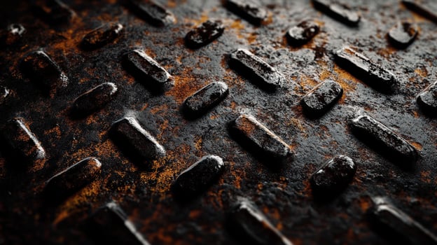 High-angle close-up of a weathered metal surface, patterned with raised rectangular shapes and textured with rust and shadow. photo
