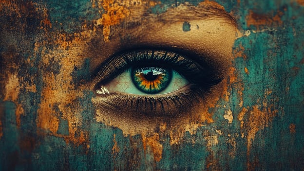 Intense eye stares out from cracked earth facade, an artistic blend of organic beauty and texture. Captivating gaze. photo