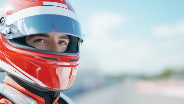 Race car driver portrait, track background, focus, determination photo