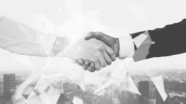 Handshake symbolizing agreement over an urban landscape, representing deal closing, partnerships, and successful negotiations. photo