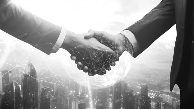 Business handshake symbolizing global connection and collaboration, enhanced by a modern city skyline backdrop. photo