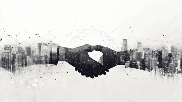 A powerful image symbolizing partnership in the modern age, reflecting global business relationships with a handshake and city skyline. photo