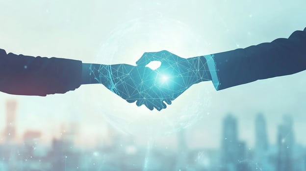 Digital handshake symbolizing global connections, innovation, and partnership against a backdrop of a modern cityscape. photo