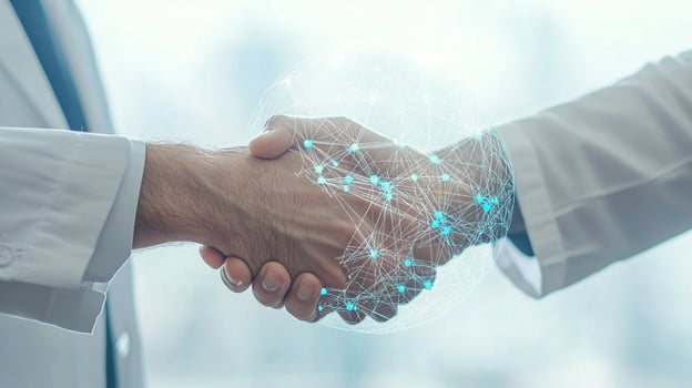 Handshake enhanced with digital network visualization suggests a merger or partnership within technology or science field. photo
