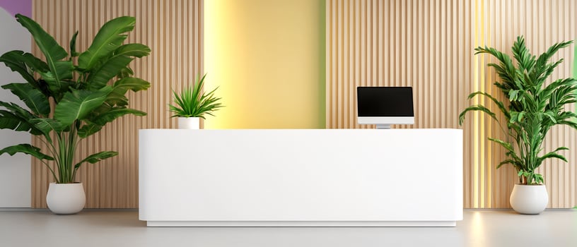 Modern reception desk, plants, wood wall. Peaceful office background photo