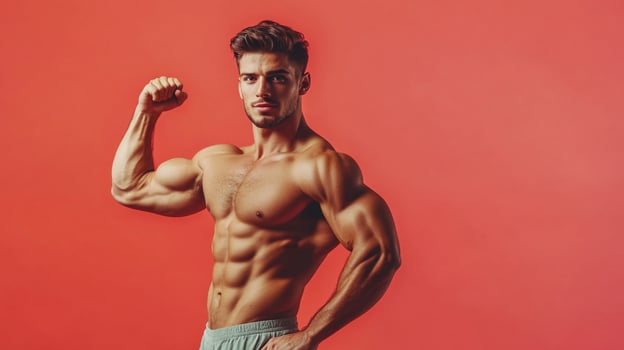Muscular man flexing his bicep against a red background. Shows off strength, fitness, and health. A picture of physical achievement. photo