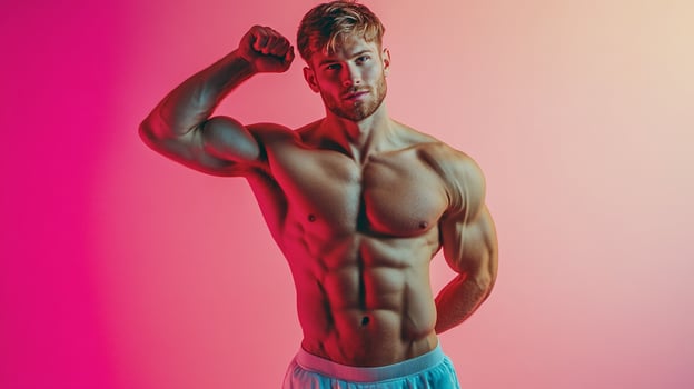A muscular man flexing against a vivid backdrop, showcasing impressive physique and strength, illuminated by dynamic red and pink lighting. photo
