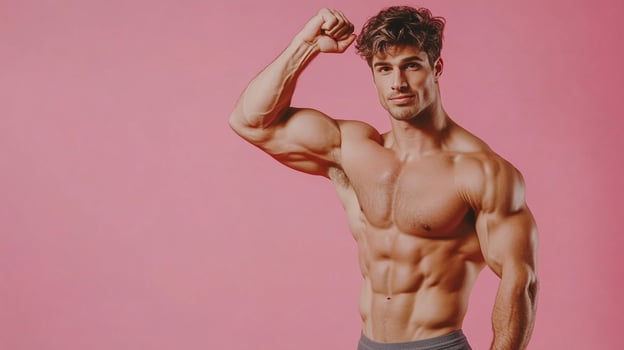 Muscular physique with flexed biceps, showcasing strength and fitness against a vibrant pink backdrop. Ideal for health and wellness promotions. photo