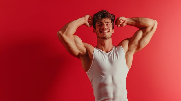 Athletic man flexing biceps against a vibrant red backdrop, showcasing strength and fitness with a confident smile. photo