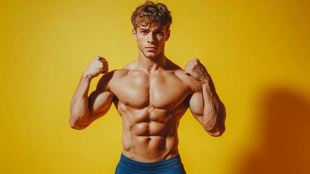 A muscular man with strong arms showcases his physique in front of a yellow background, demonstrating the results of dedicated fitness. photo