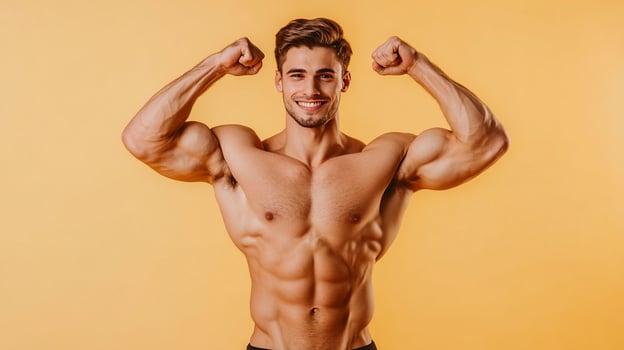 Muscular man flexing his biceps and smiling against a solid background, showcasing fitness, strength, and a confident attitude. photo