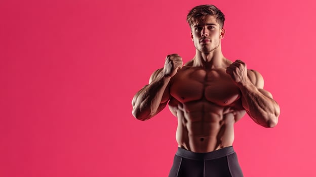 Fitness model flexing, showcasing muscular physique, against a bright pink backdrop. Health and wellness are key themes embodied here. photo