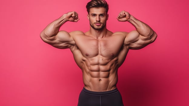 Fit man flexing. The toned athletic male shows off perfect abs and muscular arms against a vibrant pink backdrop. Fitness lifestyle. photo