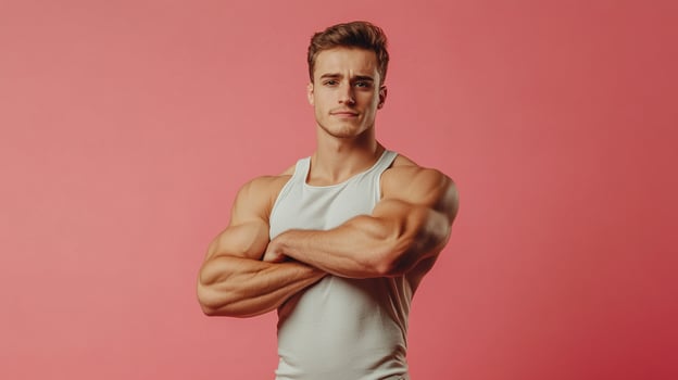 Confident fitness model. Muscular physique. Arms crossed in determination. Portrait against solid color backdrop. Studio setting. photo