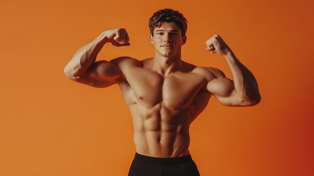 Muscular Man Flexing. A shirtless man strikes a pose, showcasing his toned physique with defined abs and sculpted muscles. photo