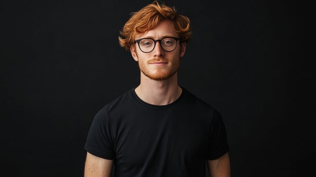 Portrait of a smiling man with red hair and glasses, wearing a black shirt against a dark backdrop. He is looking directly at the camera. photo
