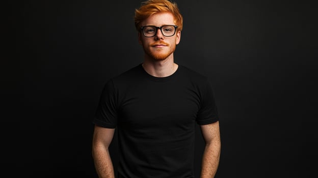 A portrait of a man with vibrant red hair, wearing glasses and a plain black t-shirt. He has a short beard and a confident posture. photo