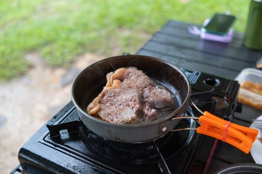 A pan with meat in it on a stove photo
