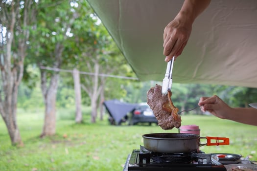 A person cooking meat on a stove photo