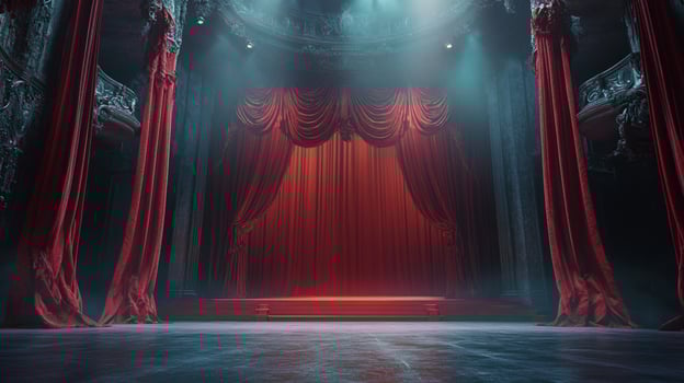 A grand theater stage bathed in atmospheric lighting, featuring rich red velvet curtains and ornate architectural details exudes drama and anticipation. photo