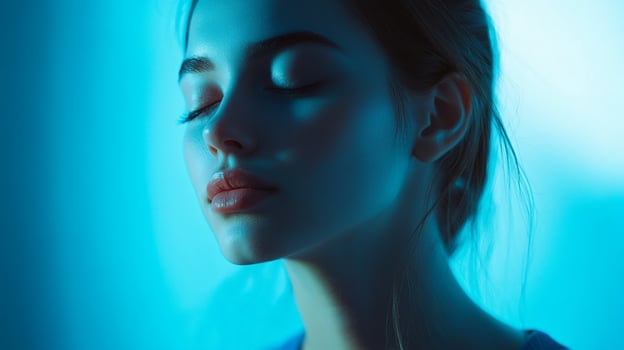 Portrait of a serene woman with closed eyes, bathed in calming blue light, evoking peace and tranquility. Ideal for relaxation content. photo