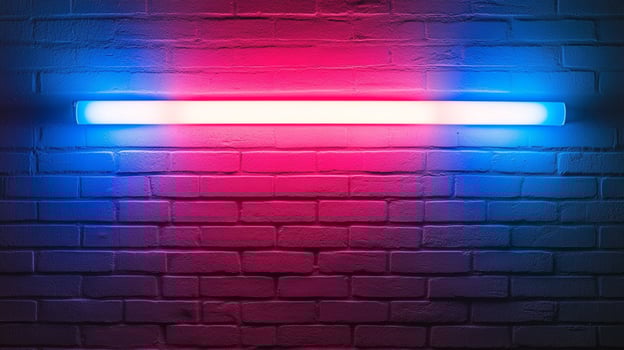 Illuminated brick wall with a striking neon effect, showcasing a vibrant blend of pink and blue hues, creating a captivating and modern aesthetic. photo
