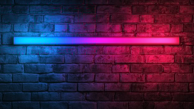 A rectangular light shines brightly on a brick wall, with neon blue and pink, creating a vibrant and eye-catching display. photo