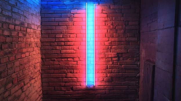 Neon light contrasts brickwork's rustic texture, blending modern glow and vintage charm into an edgy backdrop of vibrant color and raw texture. photo