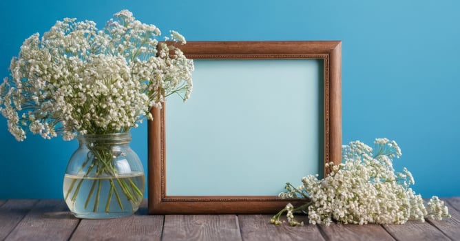 Photo frame with baby's breath flowers on wooden table