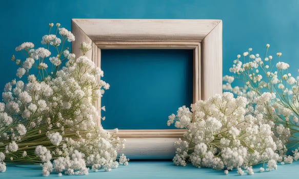 White flowers in a frame on a blue background photo