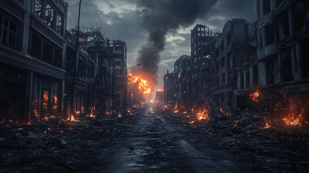 City street with a fire burning in the middle. The fire is surrounded by smoke and the street is filled with rubble. Scene is one of destruction and chaos photo