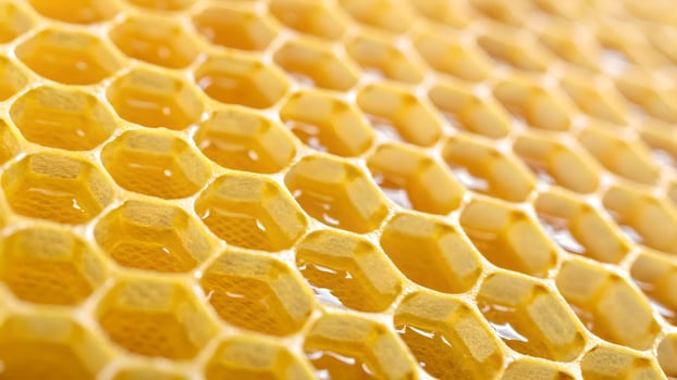 Golden honeycomb with hexagonal patterns, showcasing the intricate natural structure and sweet nectar of bees, perfect for designs requiring natural beauty and symmetry. photo
