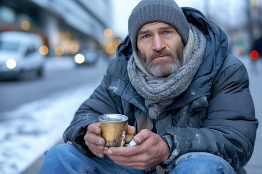 homeless man sitting on the sidewalk with an empty cup photo