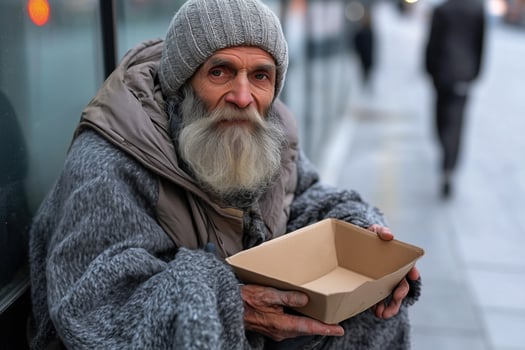 houseless man with a begging box on the street photo